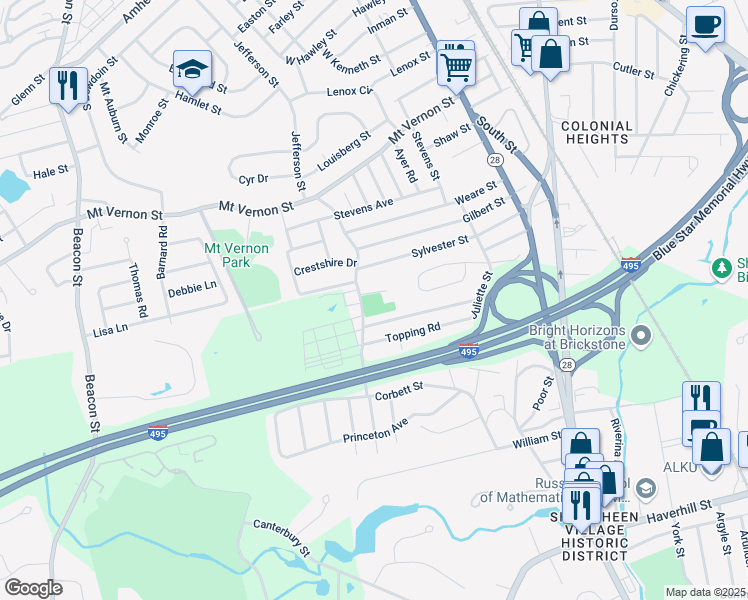 map of restaurants, bars, coffee shops, grocery stores, and more near 99 Corbett Street in Andover