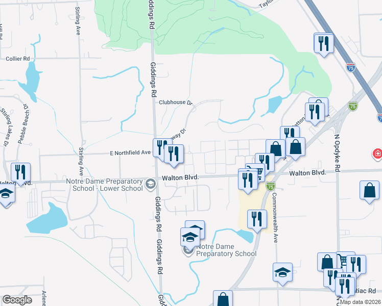 map of restaurants, bars, coffee shops, grocery stores, and more near 98 Grantour Court in Pontiac