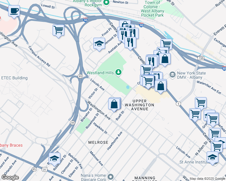 map of restaurants, bars, coffee shops, grocery stores, and more near 170 Rosemont Street in Albany