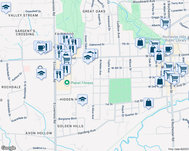 map of restaurants, bars, coffee shops, grocery stores, and more near 312 North Alice Avenue in Rochester