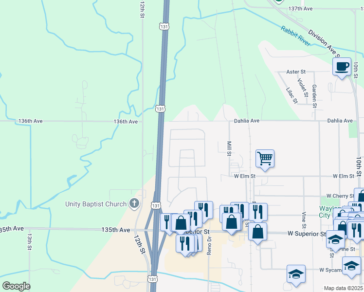 map of restaurants, bars, coffee shops, grocery stores, and more near 1159 Alberta Place in Wayland