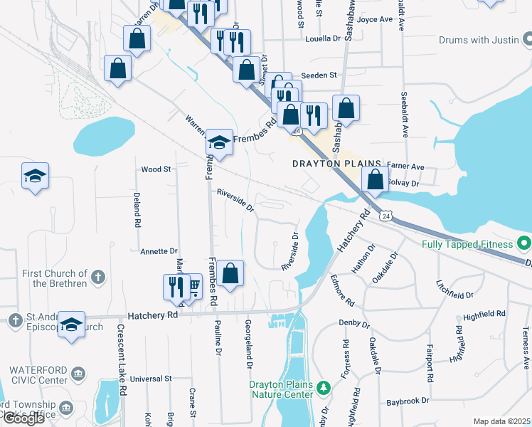 map of restaurants, bars, coffee shops, grocery stores, and more near 4592 Streamside Trail in Waterford Township