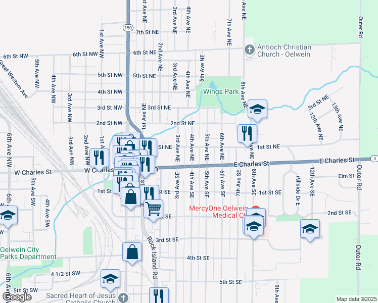 map of restaurants, bars, coffee shops, grocery stores, and more near 26 4th Avenue Northeast in Oelwein