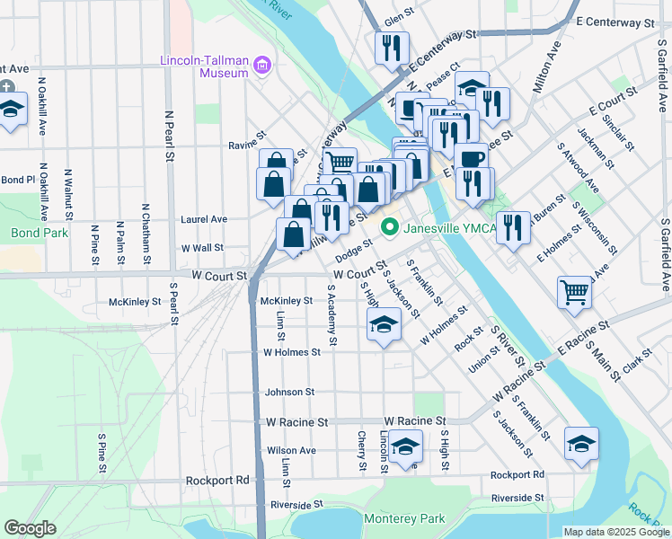 map of restaurants, bars, coffee shops, grocery stores, and more near 620 West Court Street in Janesville