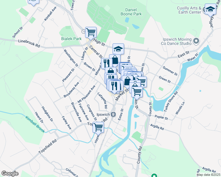 map of restaurants, bars, coffee shops, grocery stores, and more near 25 Hammatt Street in Ipswich