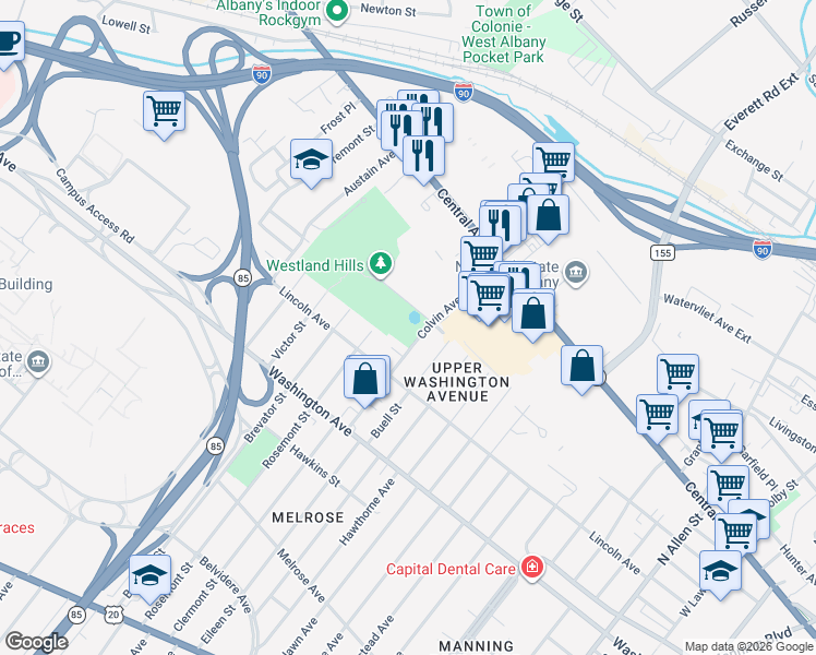 map of restaurants, bars, coffee shops, grocery stores, and more near 60 Colvin Avenue in Albany