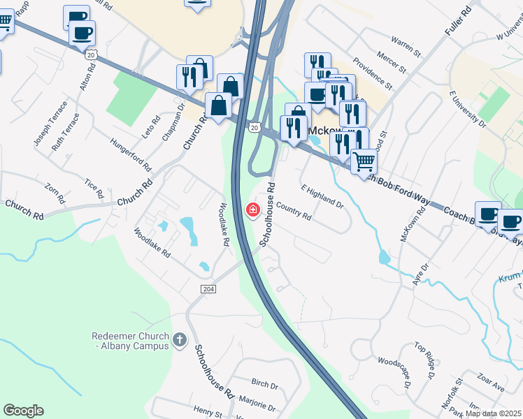 map of restaurants, bars, coffee shops, grocery stores, and more near 71 Schoolhouse Road in Albany