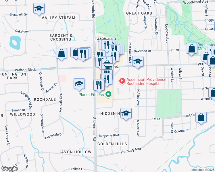 map of restaurants, bars, coffee shops, grocery stores, and more near 115 South Livernois Road in Rochester Hills