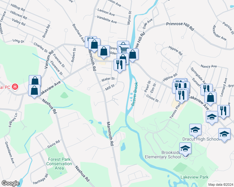 map of restaurants, bars, coffee shops, grocery stores, and more near 14 Dallas Drive in Dracut