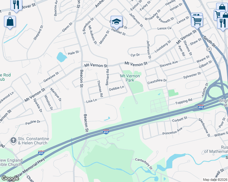 map of restaurants, bars, coffee shops, grocery stores, and more near 19 Barnard Road in Lawrence