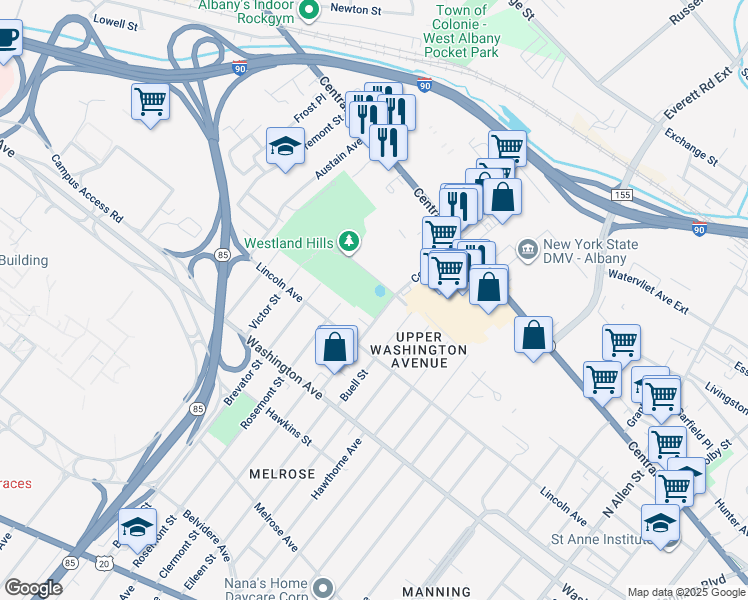 map of restaurants, bars, coffee shops, grocery stores, and more near 60 Colvin Avenue in Albany