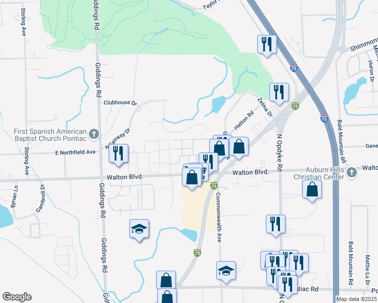 map of restaurants, bars, coffee shops, grocery stores, and more near 1289 Circle Drive in Pontiac