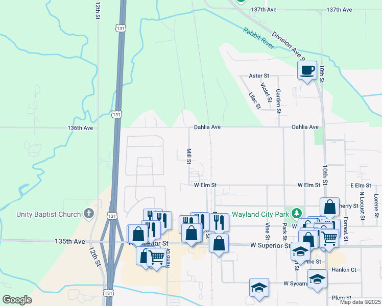 map of restaurants, bars, coffee shops, grocery stores, and more near 516 Mill Street in Wayland