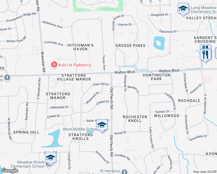 map of restaurants, bars, coffee shops, grocery stores, and more near 2063 Wayward Drive in Rochester Hills