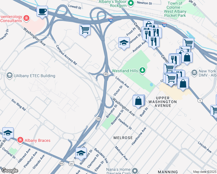 map of restaurants, bars, coffee shops, grocery stores, and more near 8 Jermain Street in Albany