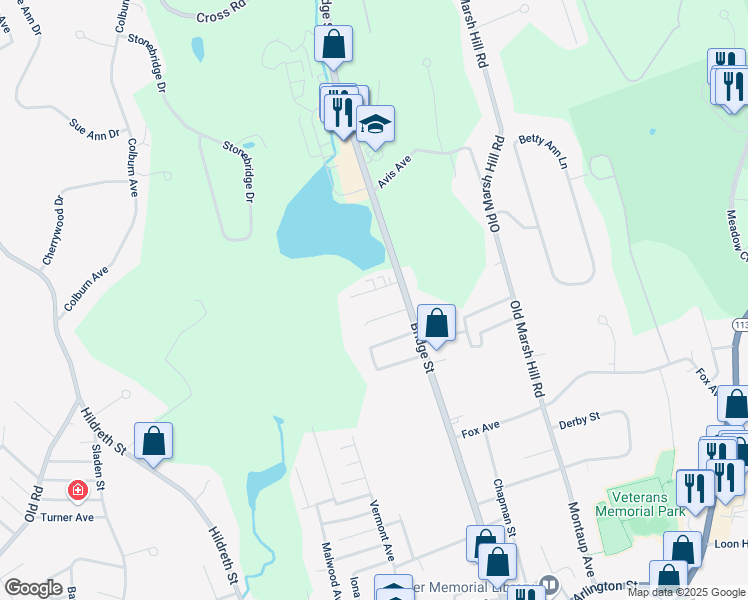 map of restaurants, bars, coffee shops, grocery stores, and more near 54 Frank Street in Dracut