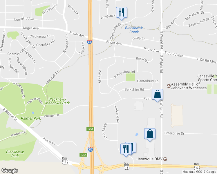 map of restaurants, bars, coffee shops, grocery stores, and more near 224 Brakefield Drive in Janesville