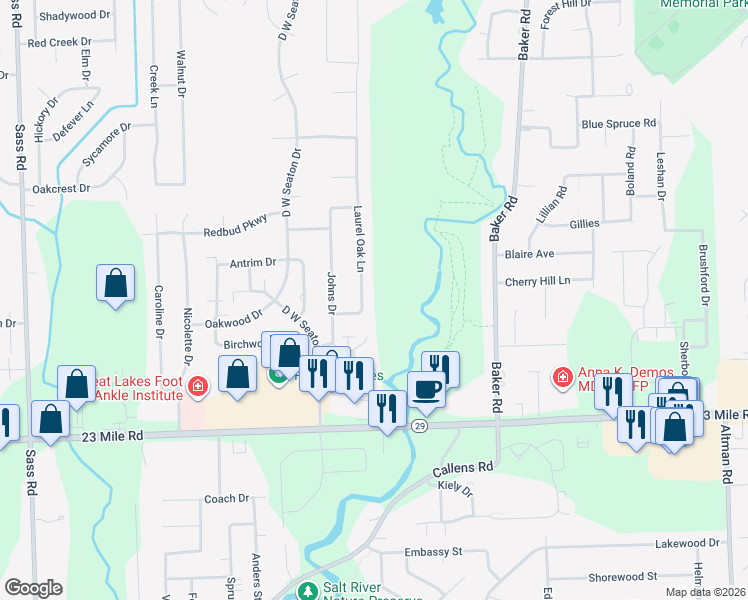 map of restaurants, bars, coffee shops, grocery stores, and more near 51455 Laurel Oak Lane in New Baltimore