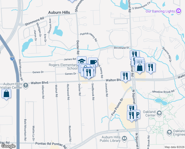 map of restaurants, bars, coffee shops, grocery stores, and more near 3033 East Walton Boulevard in Auburn Hills