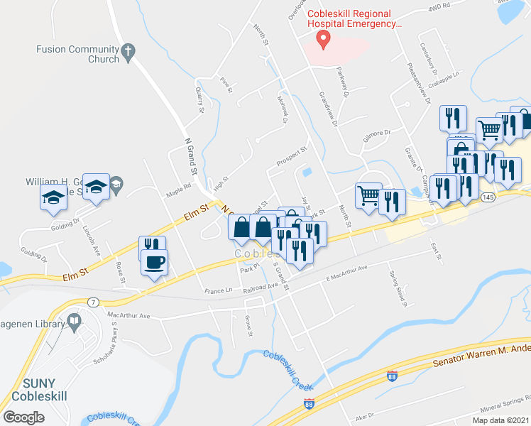 map of restaurants, bars, coffee shops, grocery stores, and more near 114 Chapel St in Cobleskill