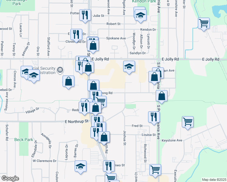 map of restaurants, bars, coffee shops, grocery stores, and more near 603 Armstrong Road in Lansing