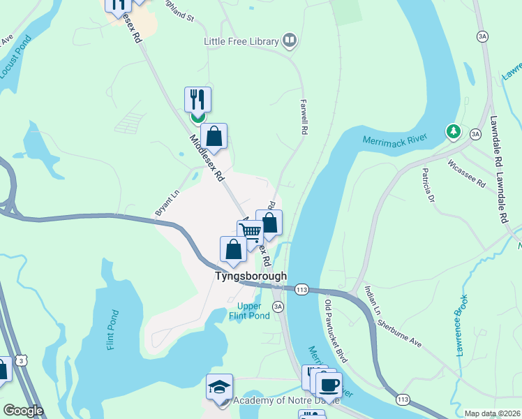 map of restaurants, bars, coffee shops, grocery stores, and more near 14 Farwell Road in Tyngsborough