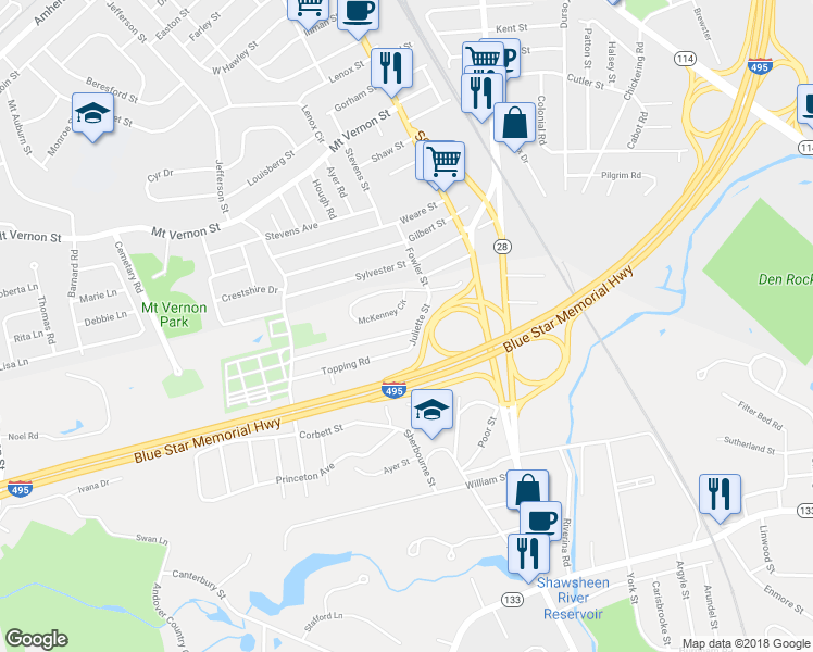 map of restaurants, bars, coffee shops, grocery stores, and more near 50 Juliette Street in Andover