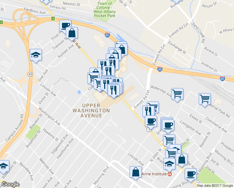 map of restaurants, bars, coffee shops, grocery stores, and more near 820 Central Avenue in Albany