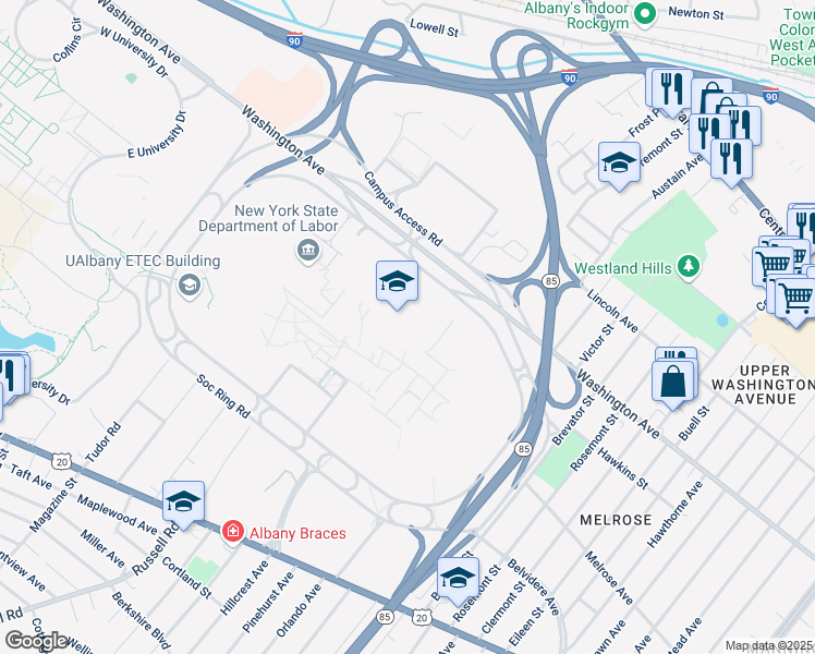 map of restaurants, bars, coffee shops, grocery stores, and more near 1220 Washington Avenue in Albany