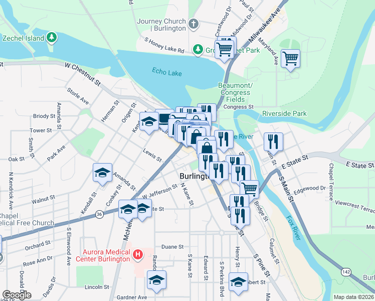 map of restaurants, bars, coffee shops, grocery stores, and more near 133 East Chestnut Street in Burlington