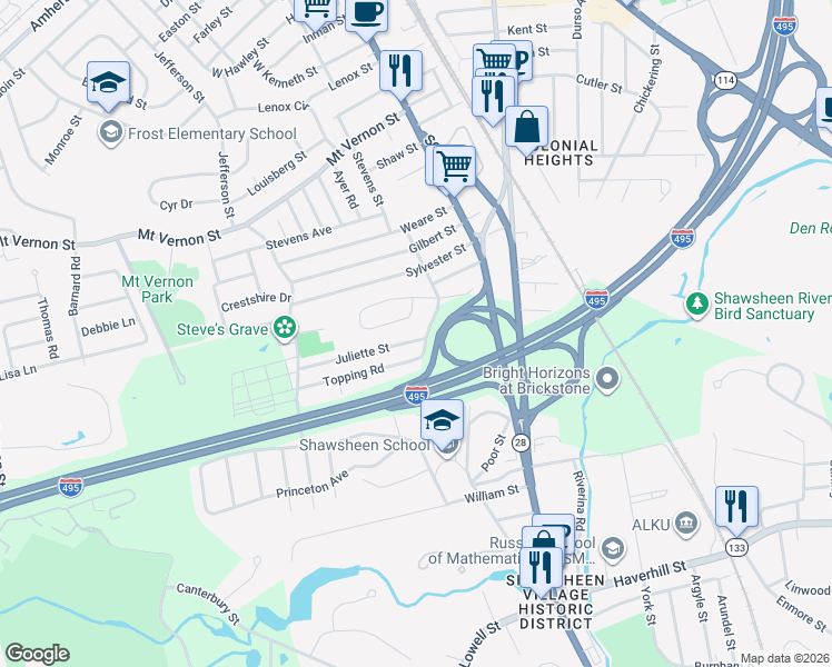 map of restaurants, bars, coffee shops, grocery stores, and more near 50 Juliette Street in Andover