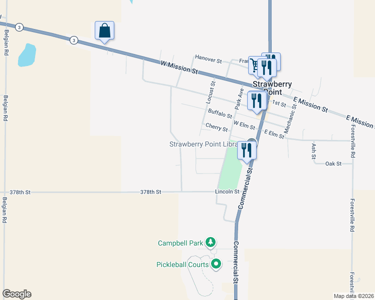 map of restaurants, bars, coffee shops, grocery stores, and more near 410 Westwood Avenue in Strawberry Point