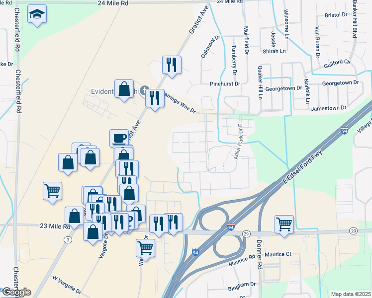 map of restaurants, bars, coffee shops, grocery stores, and more near 51558 Stern Lane in New Baltimore