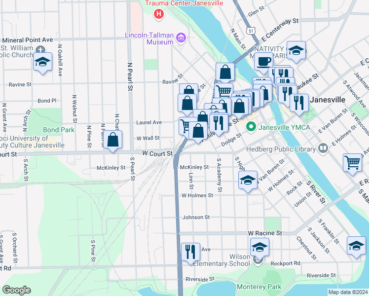 map of restaurants, bars, coffee shops, grocery stores, and more near 104 Linn Street in Janesville