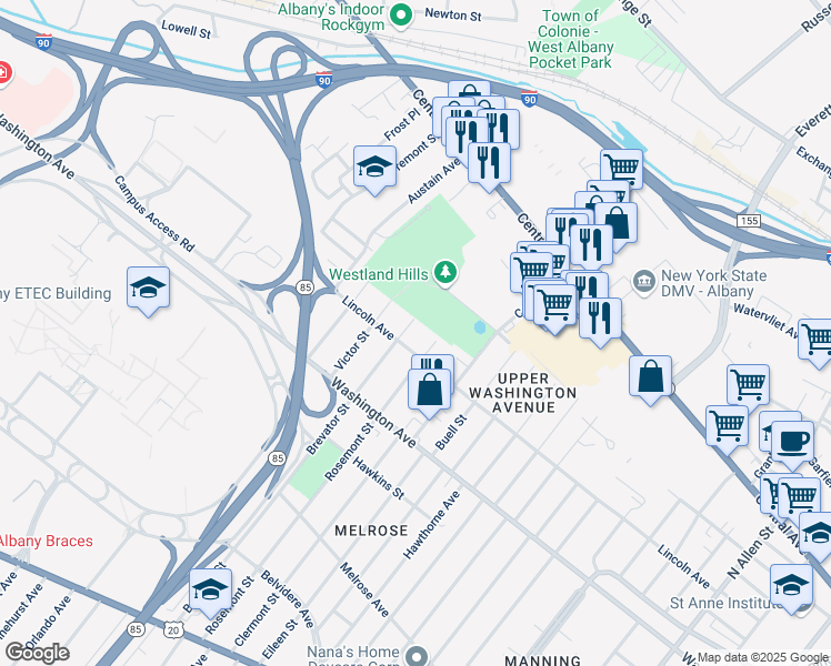map of restaurants, bars, coffee shops, grocery stores, and more near 170 Rosemont Street in Albany