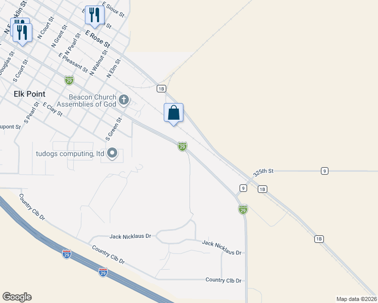 map of restaurants, bars, coffee shops, grocery stores, and more near 1361 East Main Street in Elk Point