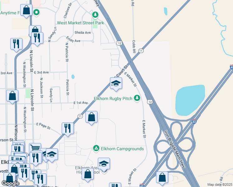 map of restaurants, bars, coffee shops, grocery stores, and more near 627 East Court Street in Elkhorn