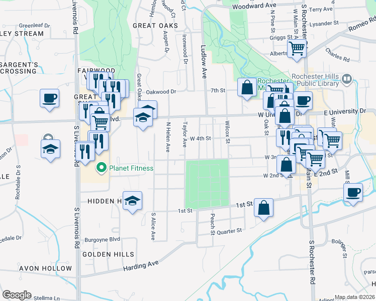 map of restaurants, bars, coffee shops, grocery stores, and more near 322 Taylor Avenue in Rochester