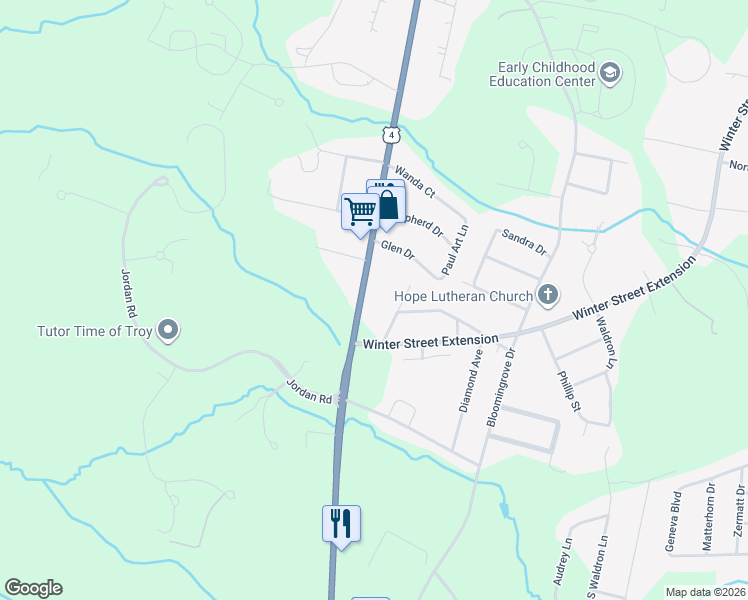 map of restaurants, bars, coffee shops, grocery stores, and more near 106 Birch Street in Troy