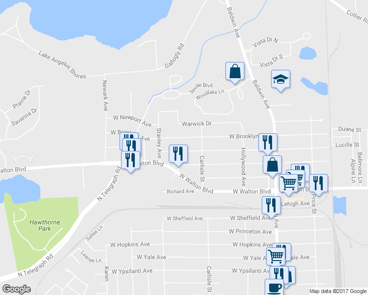 map of restaurants, bars, coffee shops, grocery stores, and more near 220 West Chicago Avenue in Pontiac