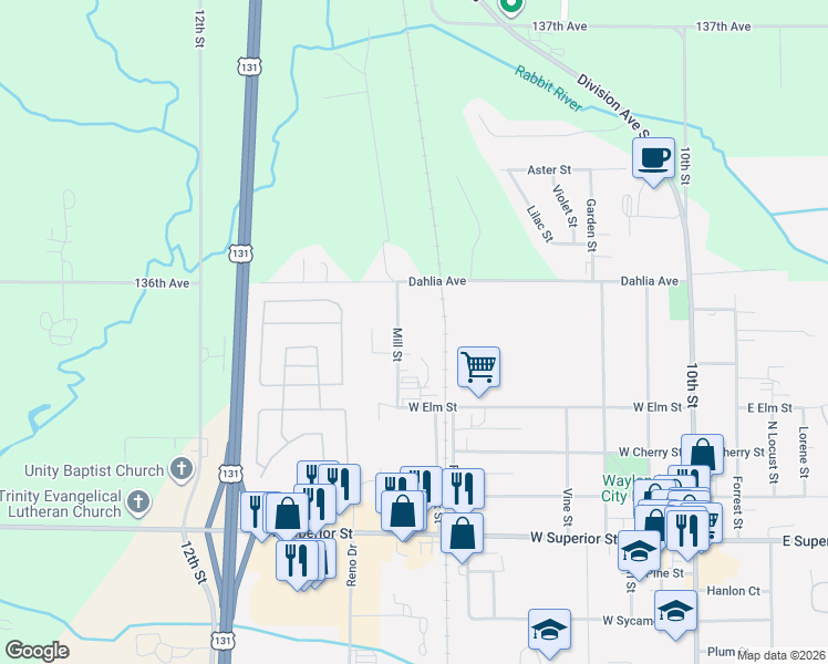 map of restaurants, bars, coffee shops, grocery stores, and more near 532 Mill Street in Wayland