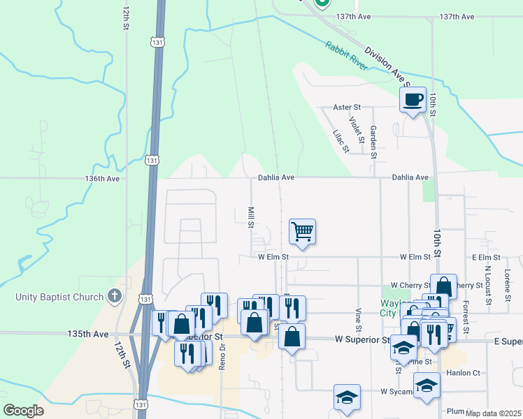 map of restaurants, bars, coffee shops, grocery stores, and more near 532 Mill Street in Wayland