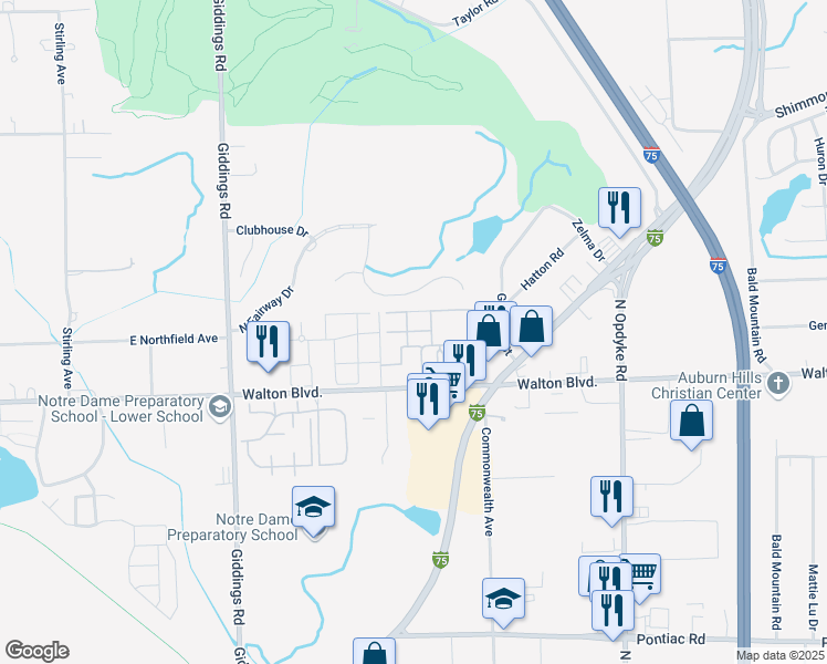 map of restaurants, bars, coffee shops, grocery stores, and more near 1542 Nob Lane in Pontiac