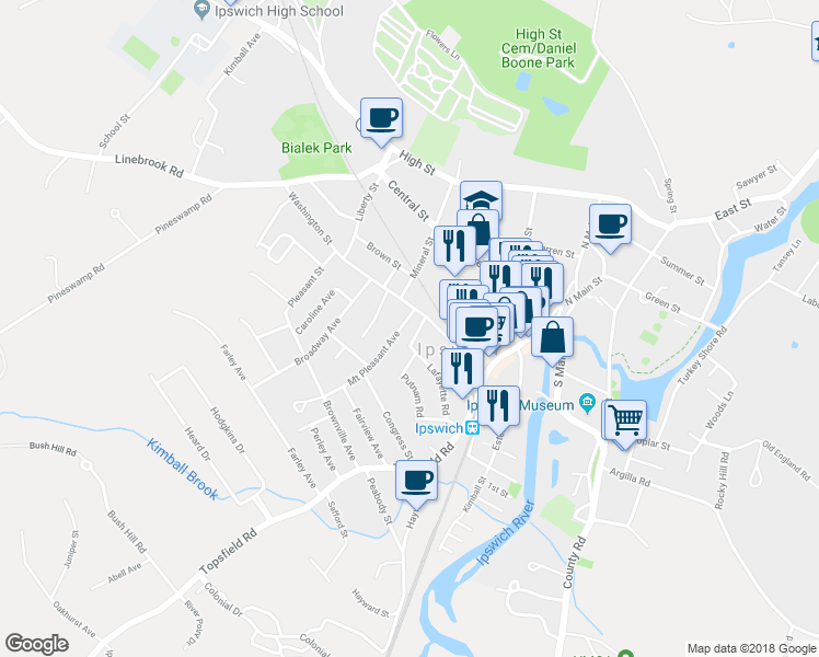 map of restaurants, bars, coffee shops, grocery stores, and more near 4 Mount Pleasant Avenue in Ipswich