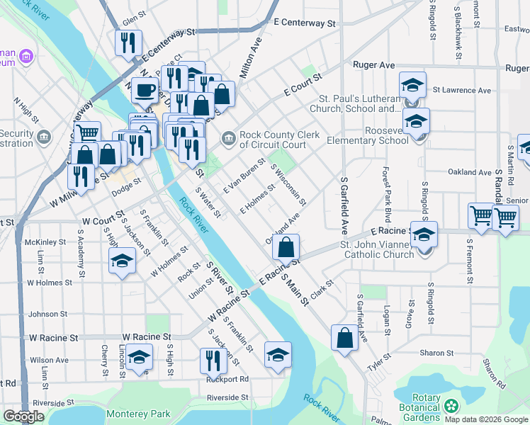 map of restaurants, bars, coffee shops, grocery stores, and more near 316 South Parker Drive in Janesville