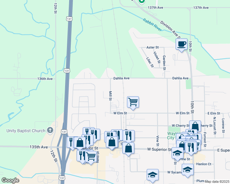 map of restaurants, bars, coffee shops, grocery stores, and more near 532 Mill Street in Wayland