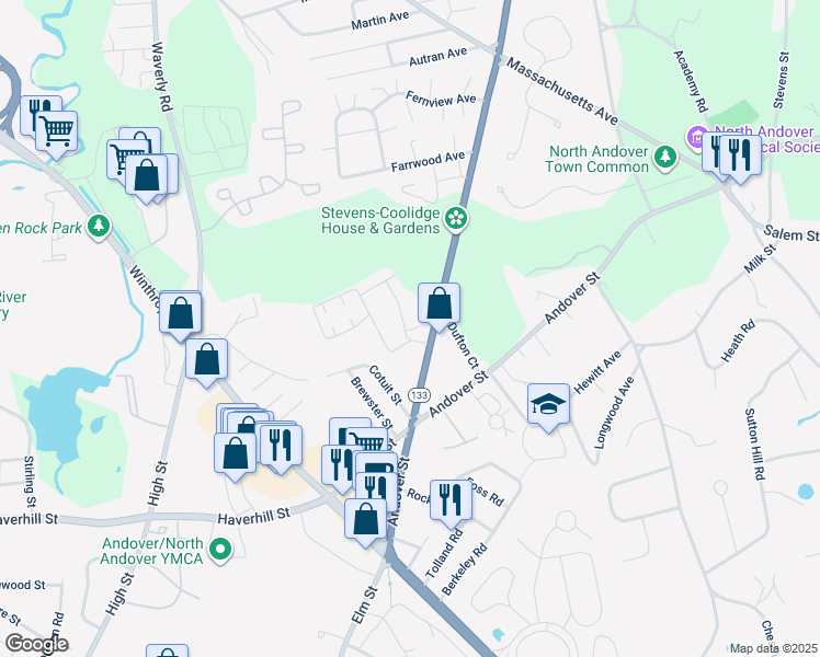 map of restaurants, bars, coffee shops, grocery stores, and more near 24 Leyden Street in North Andover