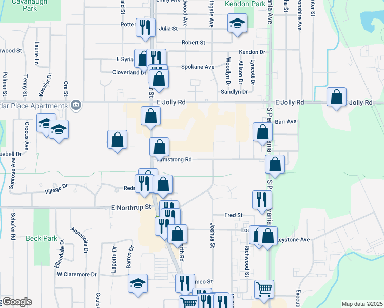 map of restaurants, bars, coffee shops, grocery stores, and more near 603 Armstrong Road in Lansing