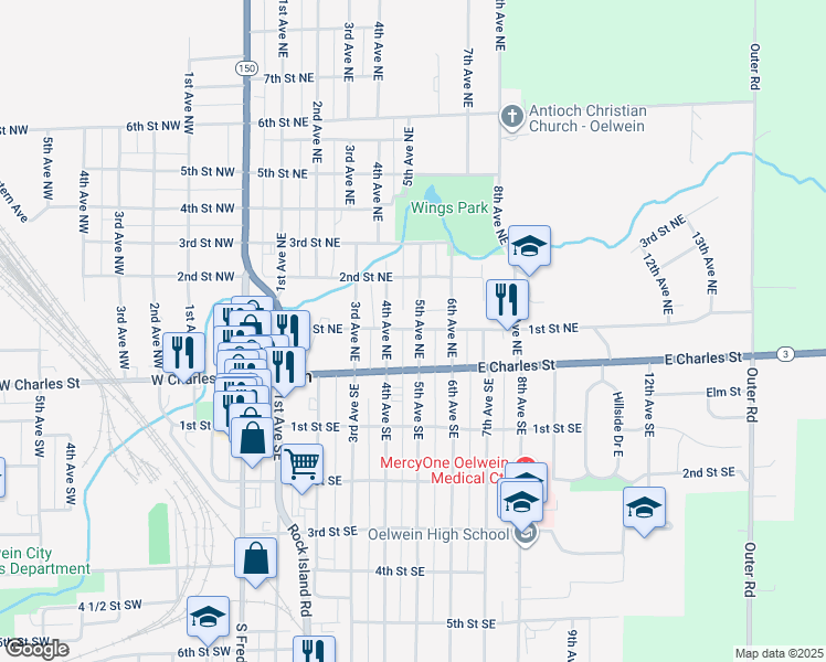 map of restaurants, bars, coffee shops, grocery stores, and more near 1-99 5th Ave NE in Oelwein