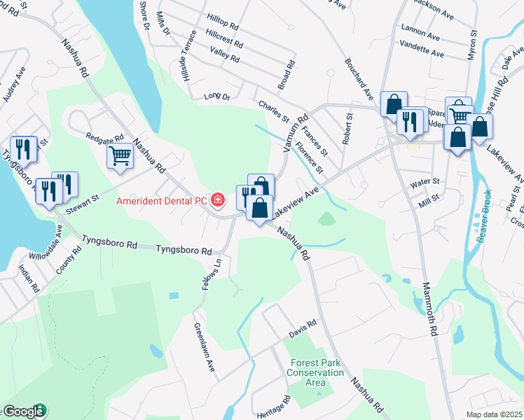 map of restaurants, bars, coffee shops, grocery stores, and more near 465 Nashua Road in Dracut